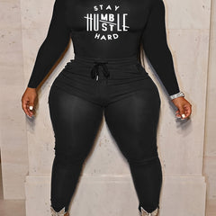  Women's Art Letter Print Top & Drawstring Pants Set