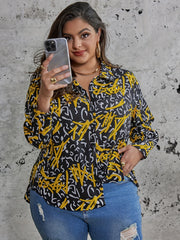  Graffiti Print Button Up Long Sleeve Blouse