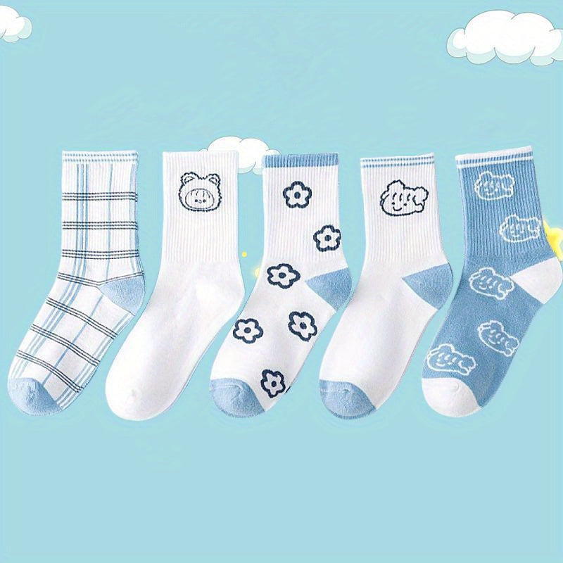 5 Pairs Cartoon & Plaid Print Socks Mid Tube Stockings Women's Hosiery