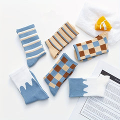 6 Pairs Stripe & Plaid Print Socks Mid Tube Women's Stockings