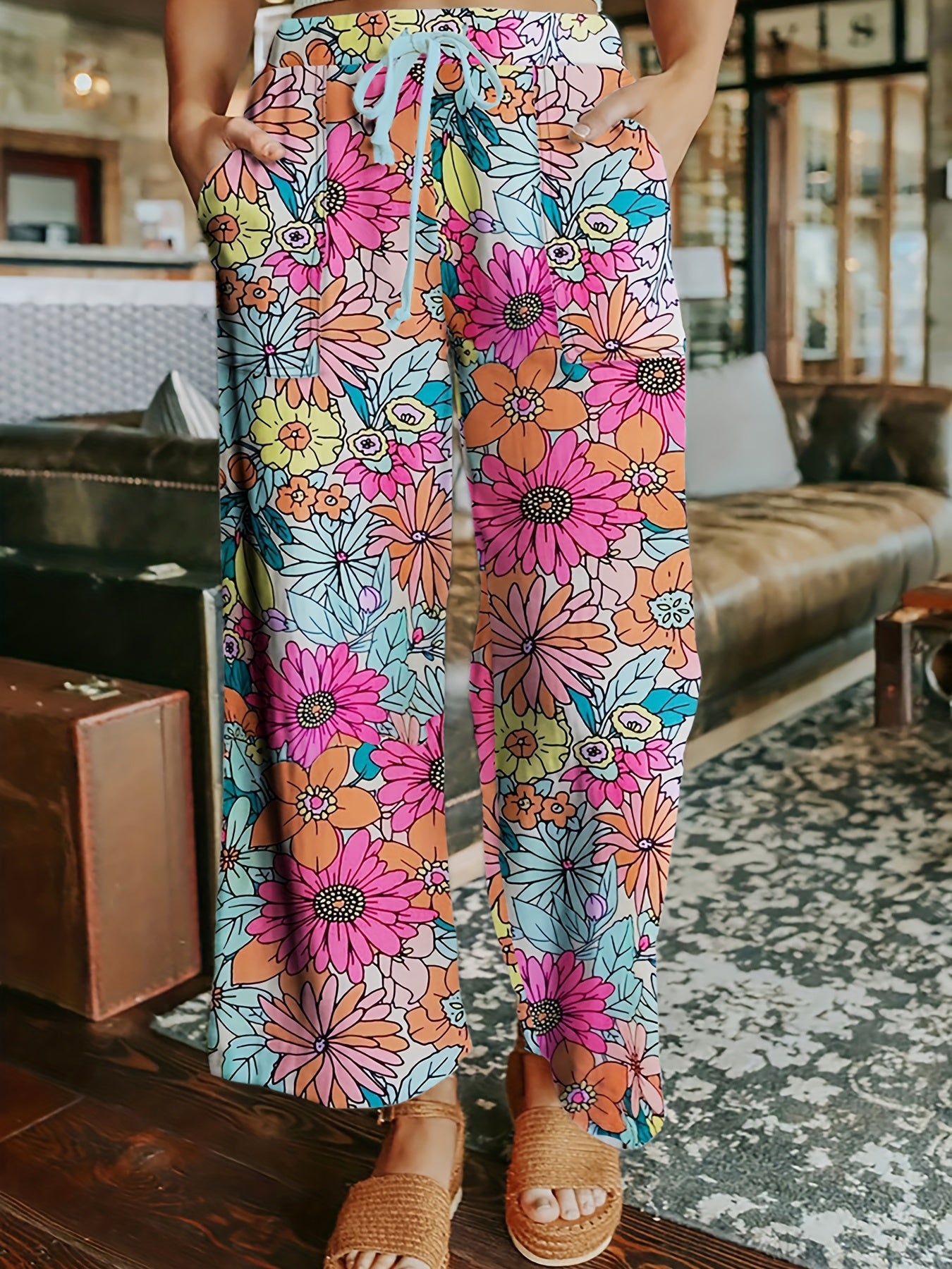  Boho Pants Women's Plus Floral Print Slight Stretch Wide Leg