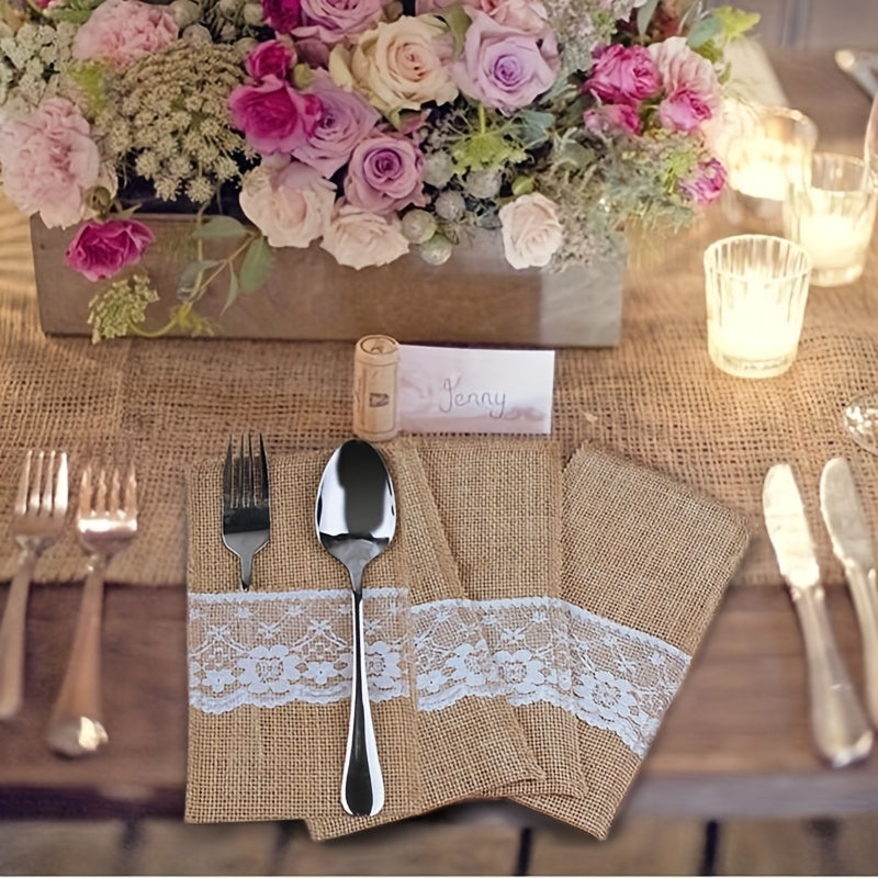 10pcs Burlap Lace Utensil Holders for Vintage Wedding