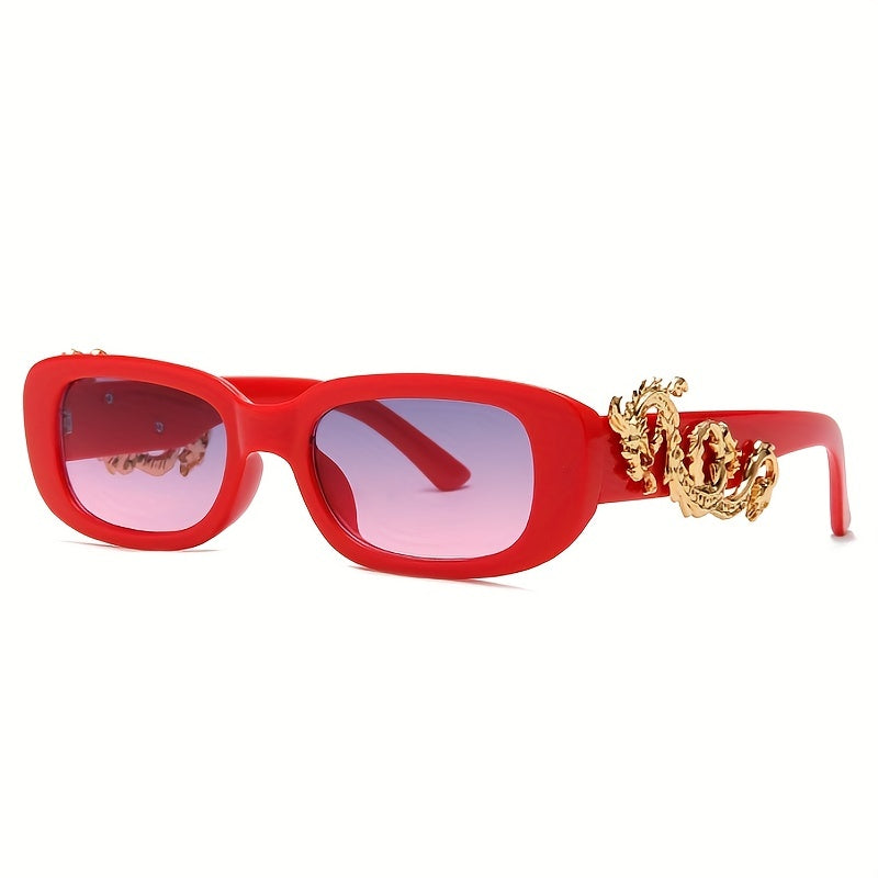 Y2K Rectangle Frame Sunglasses Gradient Lens Dragon Decor UV400