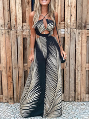 Tropical Print Cut Out Halter Boho Jumpsuit