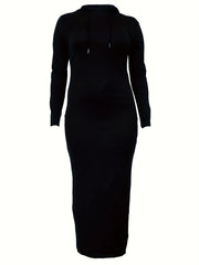 Solid Long Sleeve Sweatshirt Dress with Drawstring Split