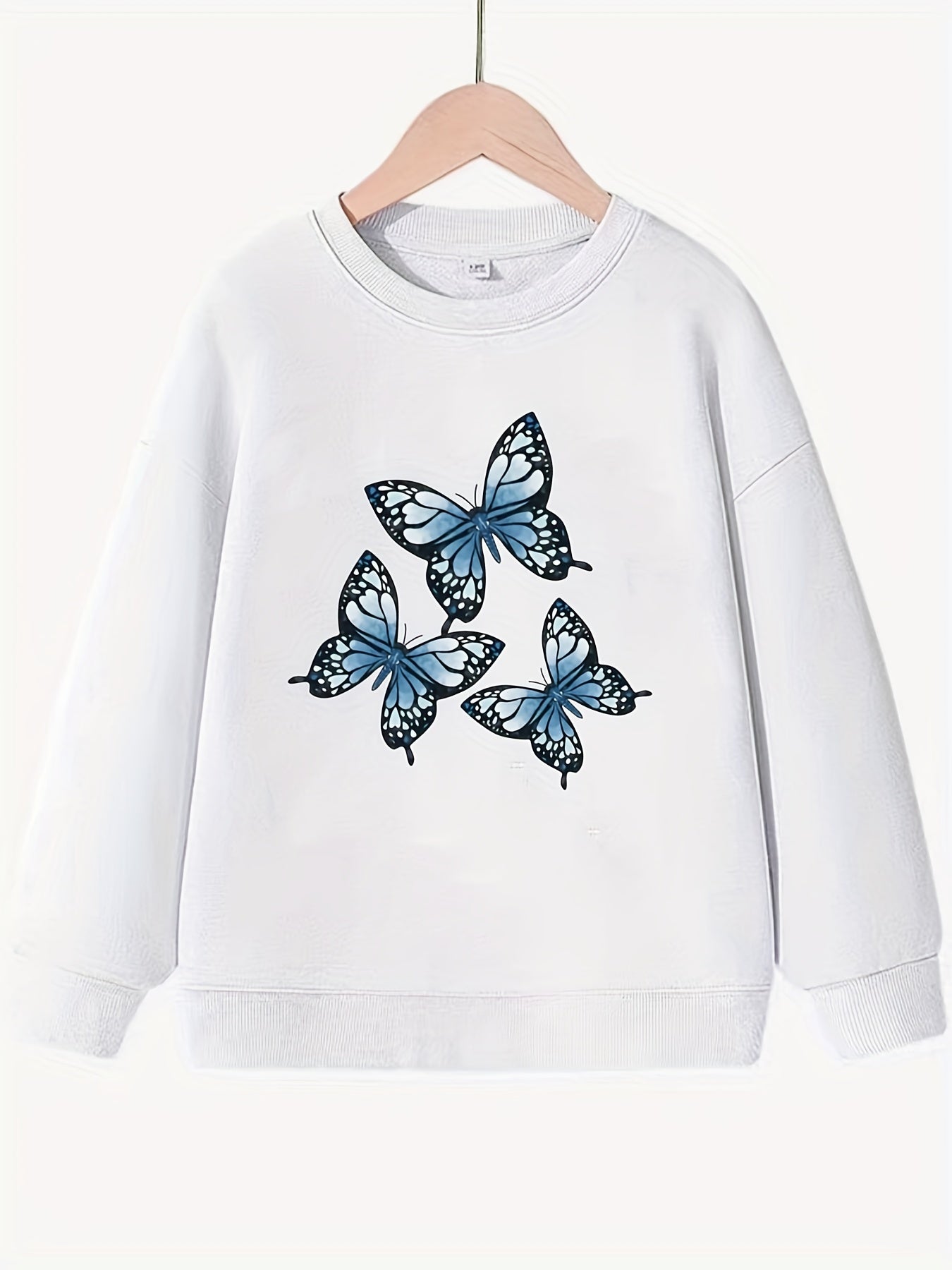 Girls Butterflies Pattern Sweatshirt Round Neck Casual Top Pullovers