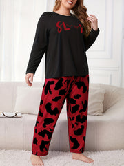  Eyelash & Cow Print Long Sleeve Round Neck T shirt & Pants Pajamas Set