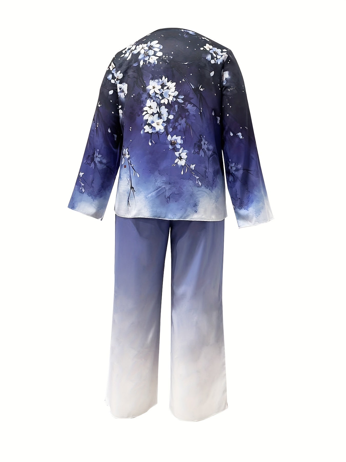  Ombre & Floral Print Long Sleeve Top & Pants Set