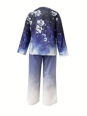  Ombre & Floral Print Long Sleeve Top & Pants Set