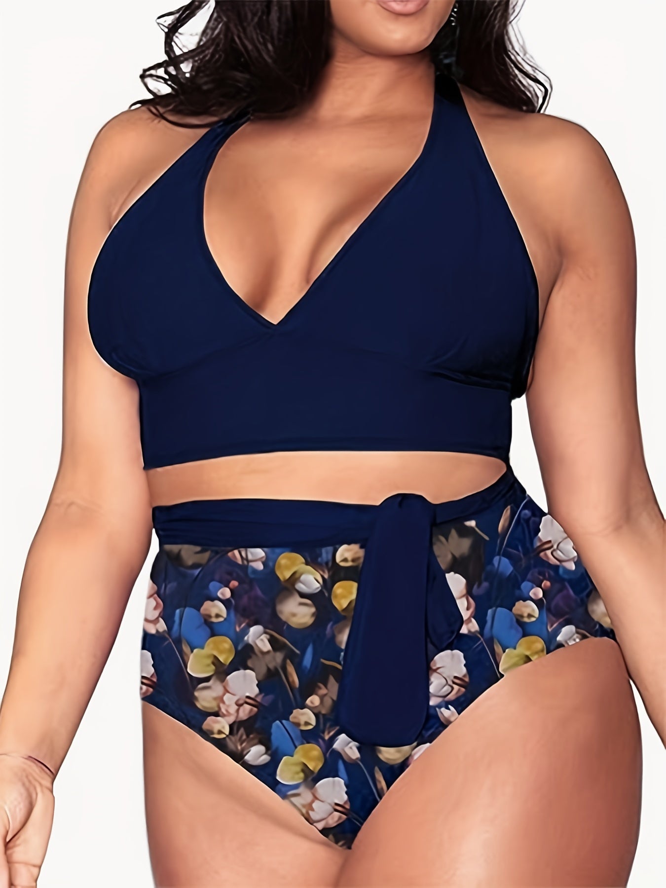  Vacay Bikini Set Solid V Neck Backless Halter & High Waisted Panty Swi