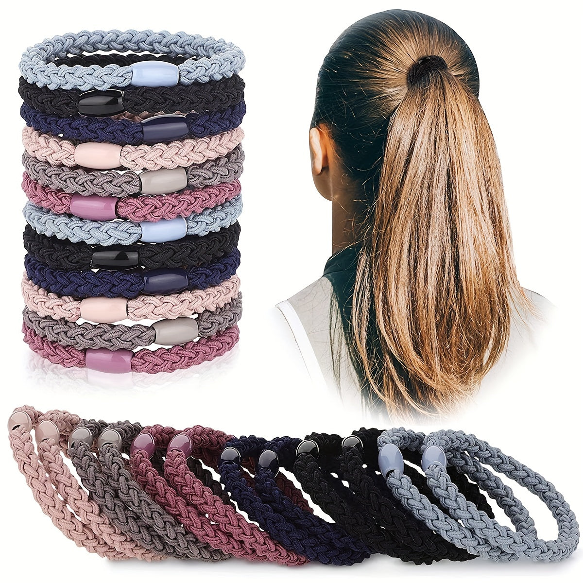 12PCS Braided Hair Tie Elastic Ponytail Holder Hair Accessories Women