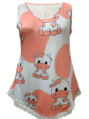 Cow Print Lace Trim Tank Top