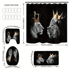 3pcs Lion Shower Curtain Set with 12 Hooks Complete Bathroom Decor