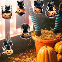 6pcs Halloween Cats Pumpkin Tree Ornaments Cardboard Hanging Cats Ornaments