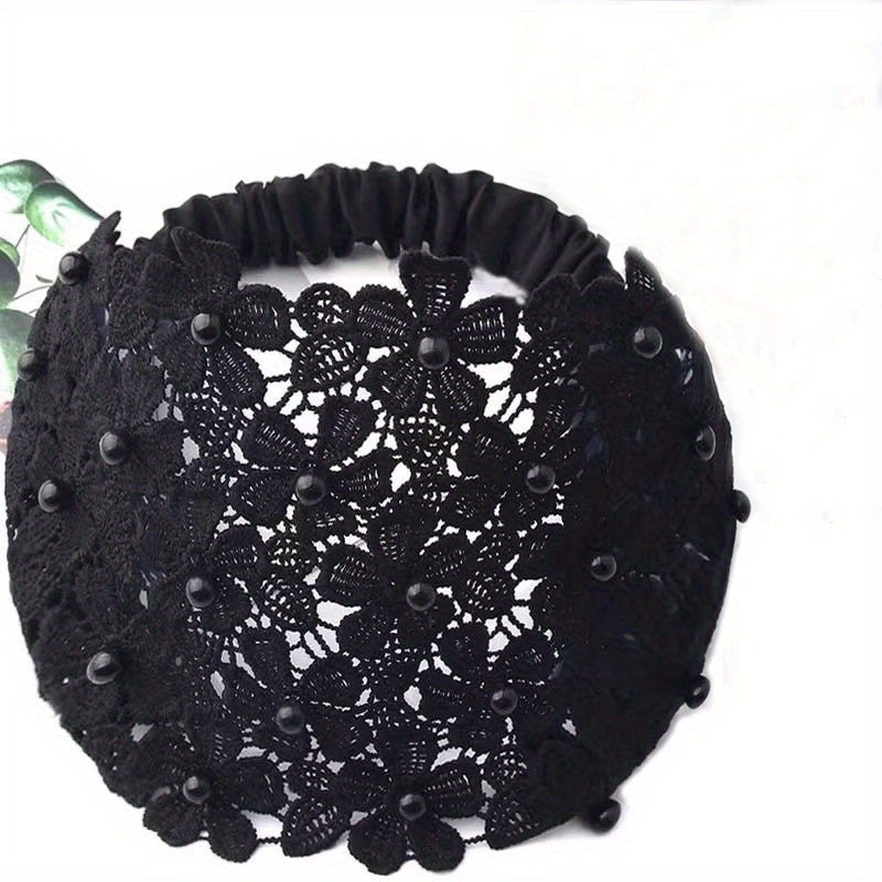 Wide Lace Headband with Floral Design and Faux Pearls