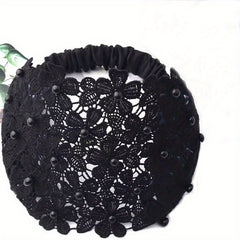 Wide Lace Headband with Floral Design and Faux Pearls