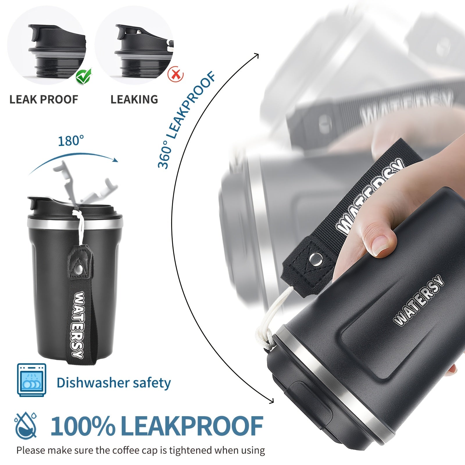 WATERSY 380ml Stainless Steel Coffee Mug with Lid and Strap