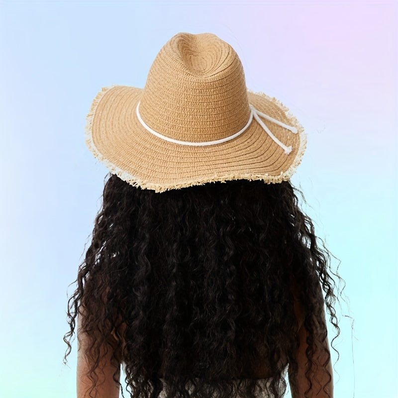Khaki Raw Brim Sun Hat British Style Classic Straw Hat Rope Bowknot Jazz Fedora