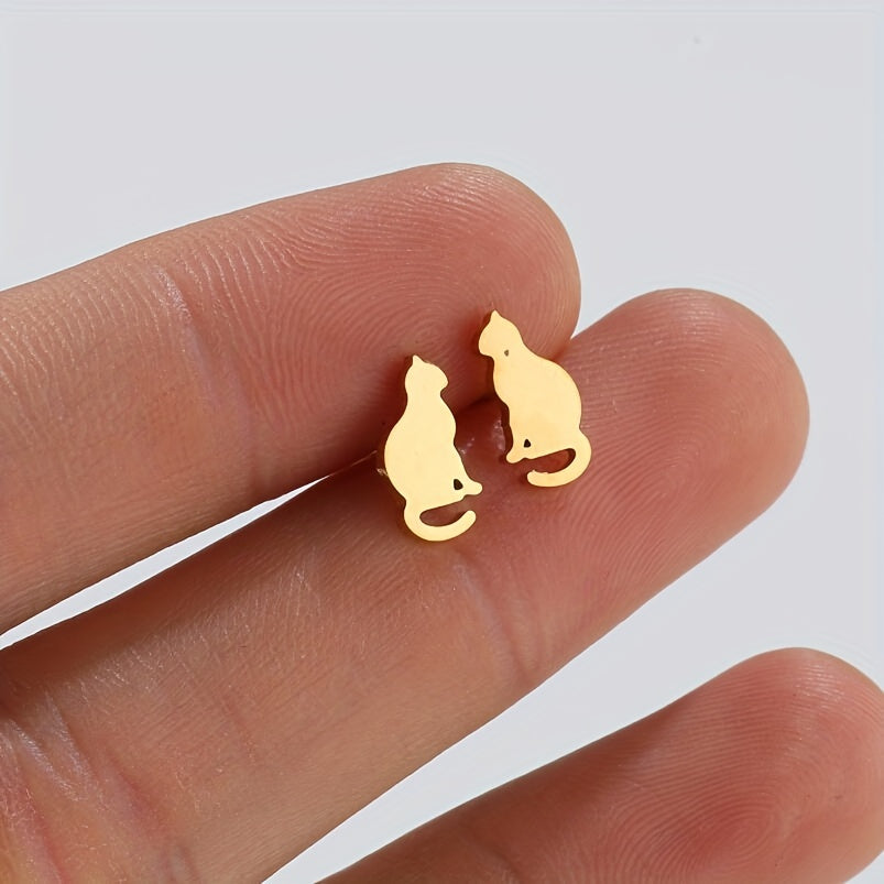 Small Stainless Steel Cat Stud Earrings For Men