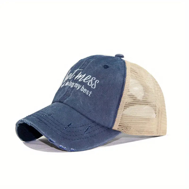 Hot Mess Embroidered Baseball Cap Washed Hole Ponytail Cap