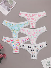 5 Pack Plus Size Panties Set Women's Plus Cat & Heart & Daisy Print