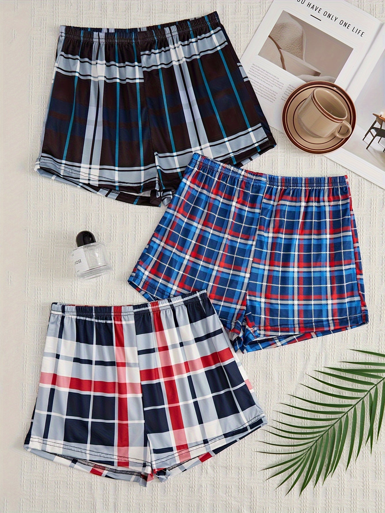 3pcs Plaid Sleep Bottoms Soft Elastic Waistband Shorts Women's Sleepwear