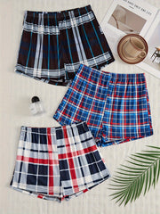 3pcs Plaid Sleep Bottoms Soft Elastic Waistband Shorts Women's Sleepwear