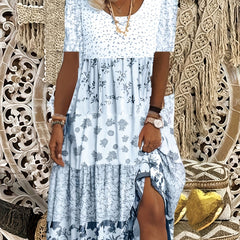  Colorblock Floral Print Short Sleeve Dress
