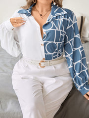  Colorblock Geometric Print Lantern Sleeve Blouse