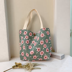 Floral Pattern Corduroy Handbag Lunch Bag Snap Button Satchel Purse