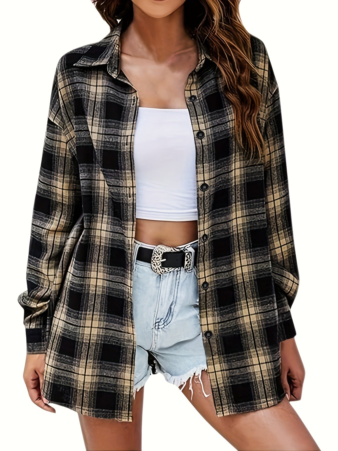  Plaid Print Button Up Long Sleeve Blouse