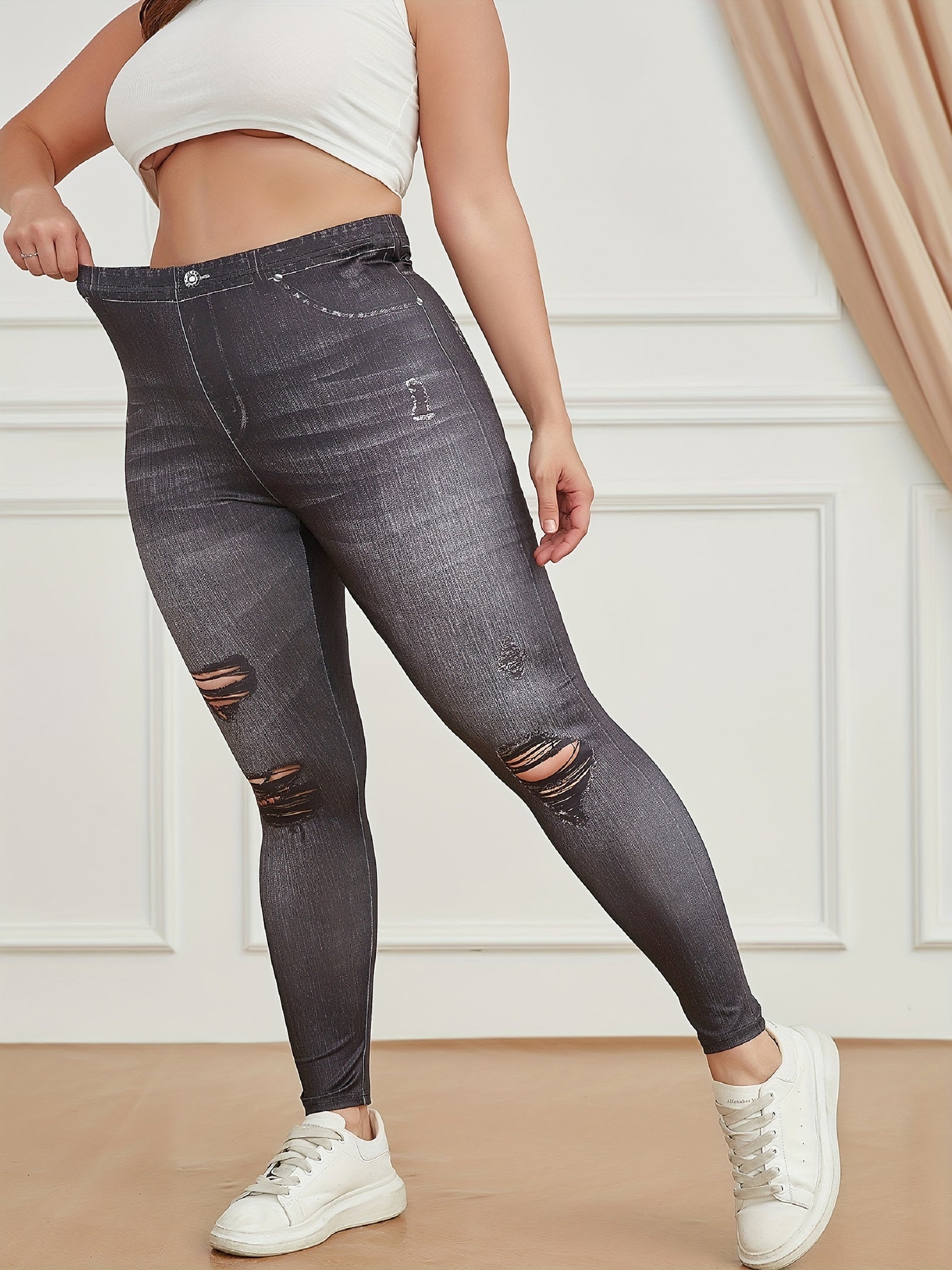 Faux Denim Floral Leggings High Waist Yoga Pants