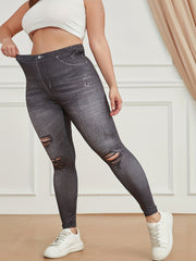 Faux Denim Floral Leggings High Waist Yoga Pants