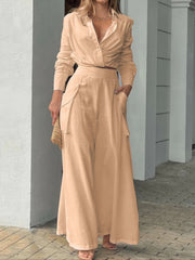 Women's Solid Two piece Set High Waist Pants & Long Sleeve Top