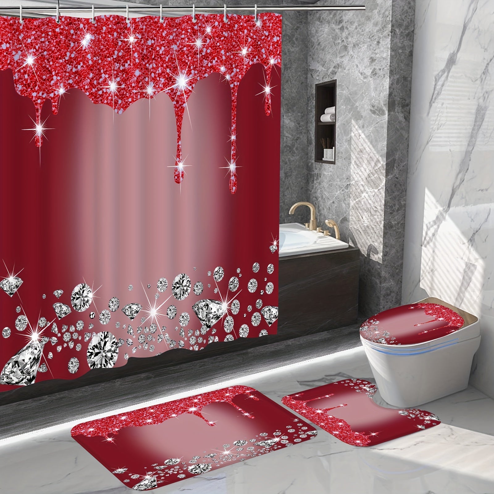 4Pcs Diamond Pattern Shower Curtain Set with Non-Slip Rugs