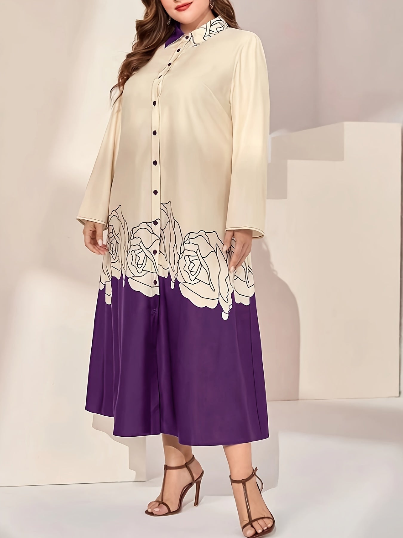  Abaya Dress Women's Plus Colorblock Floral Print Long Sleeve