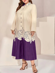  Abaya Dress Women's Plus Colorblock Floral Print Long Sleeve