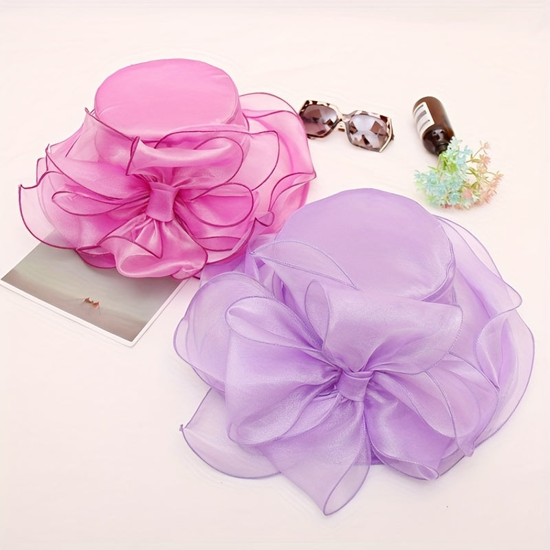 Vintage Organza Sun Hat Solid Mesh Flower Derby Hat