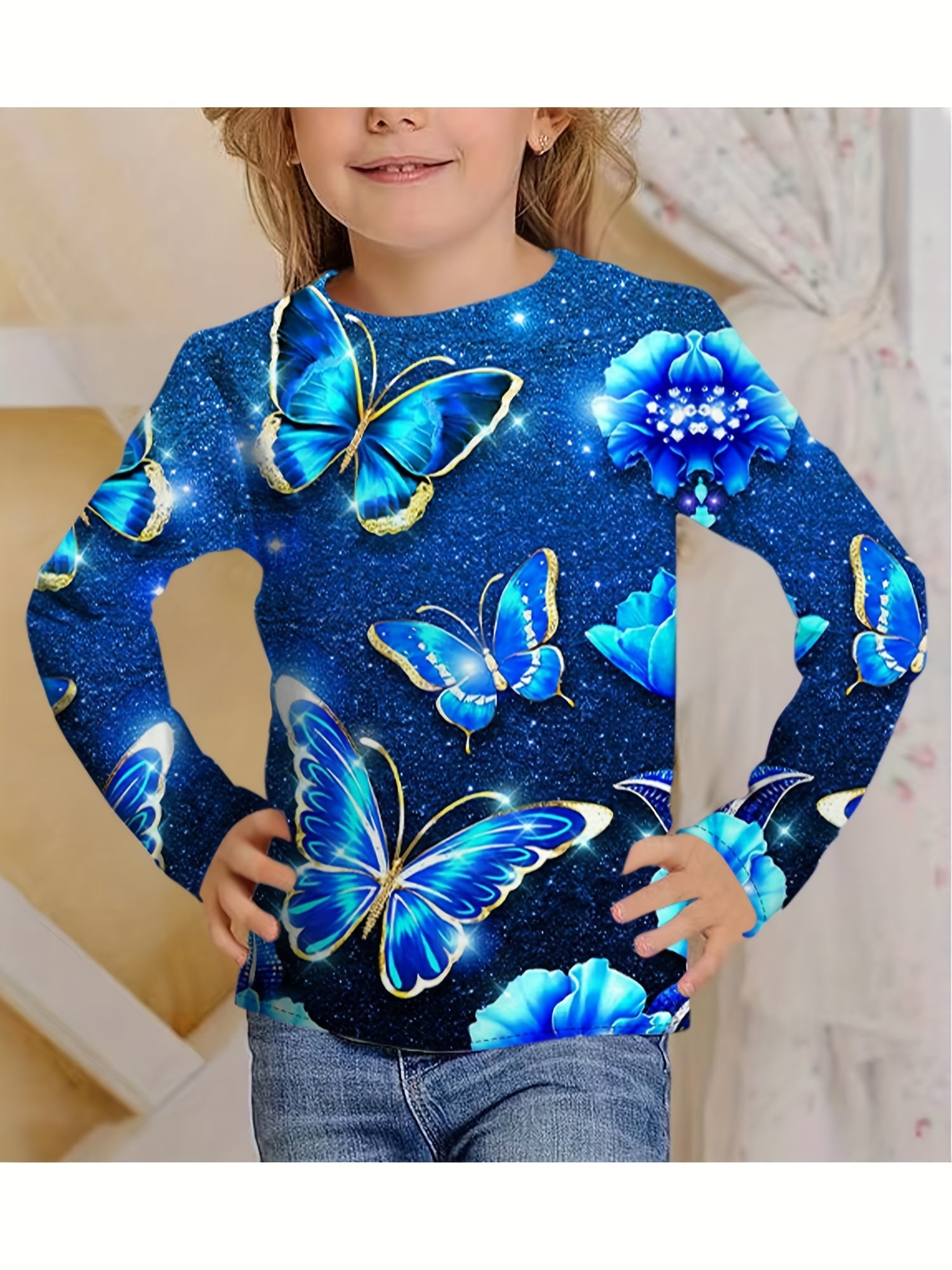 Sequin Butterfly Night Effect Print T shirt Girls' 3D Print Tees For Party