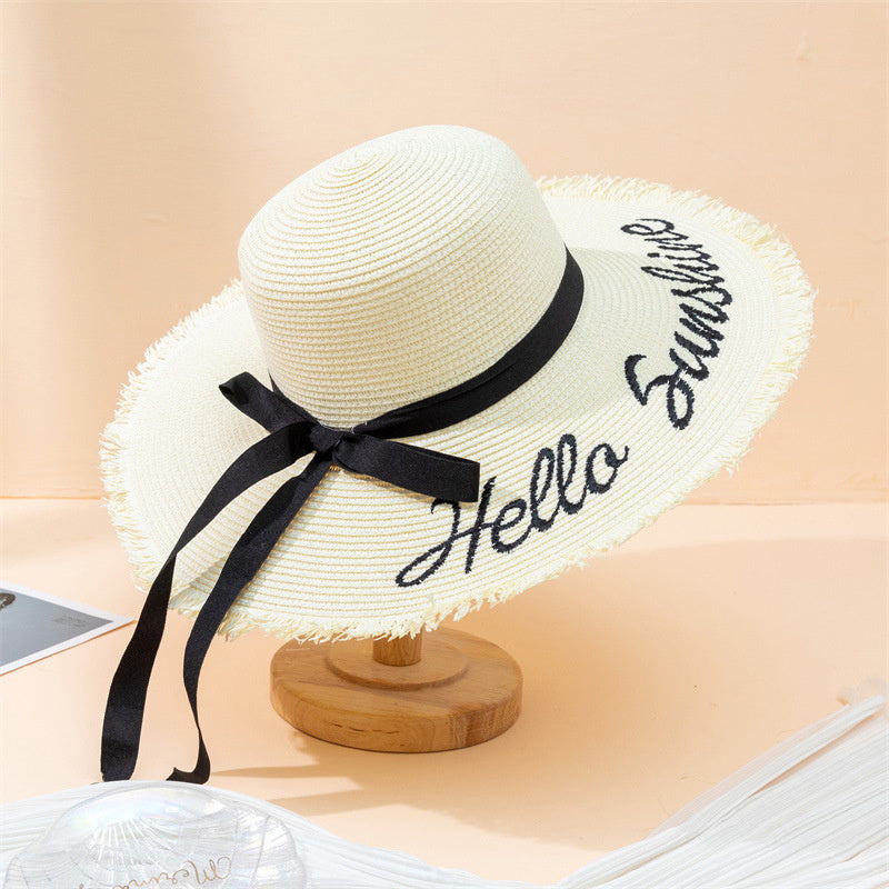 Large Sun Hat Hello Sunshine Embroidery Straw Hats Breathable Travel Beach Cap