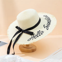 Large Sun Hat Hello Sunshine Embroidery Straw Hats Breathable Travel Beach Cap