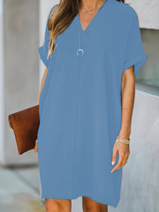 Solid V Neck Dress Short Sleeve Comfy Summer Mini Dress Women's Clothing