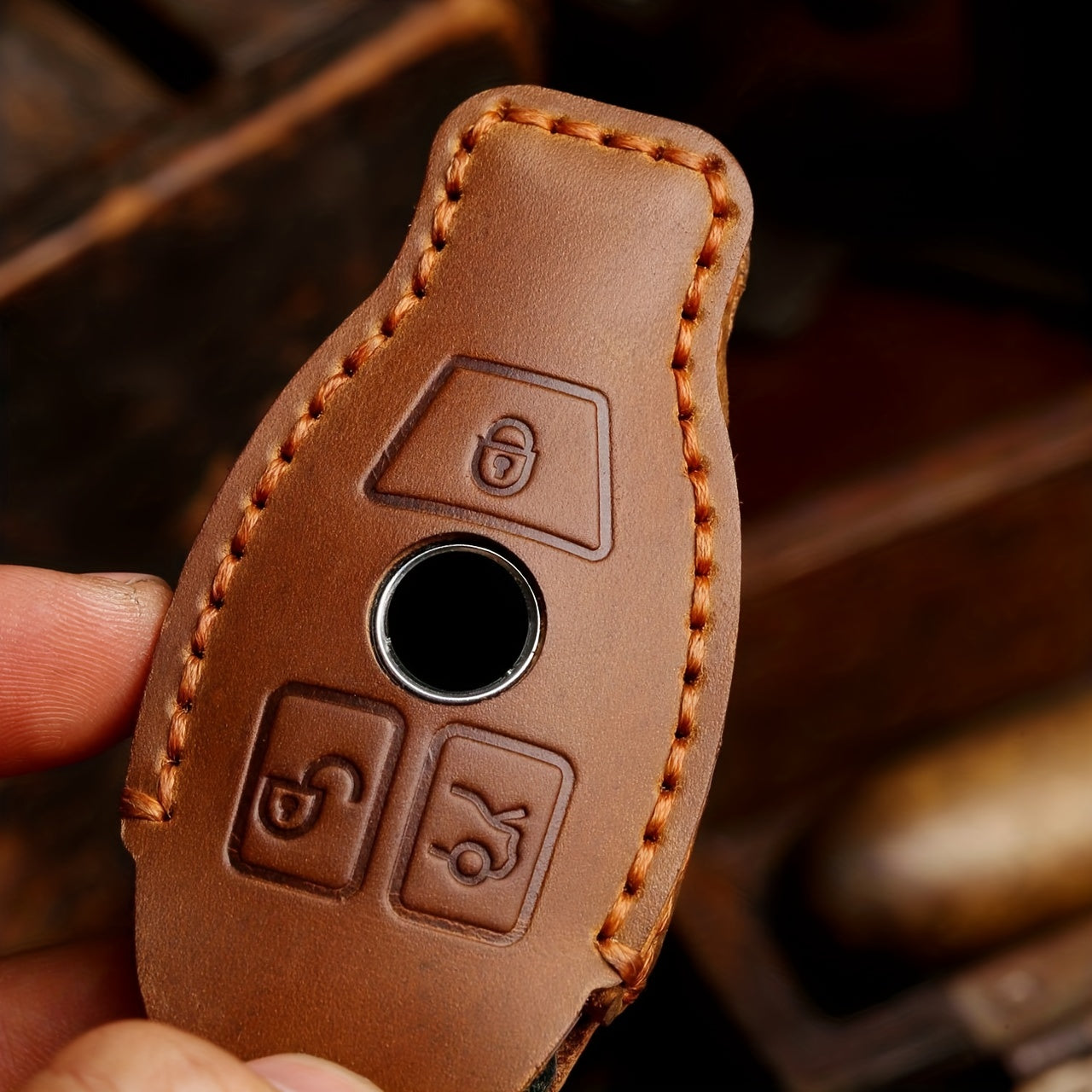 Benz First Layer Leather Keychain Vintage Car Key Protective Case
