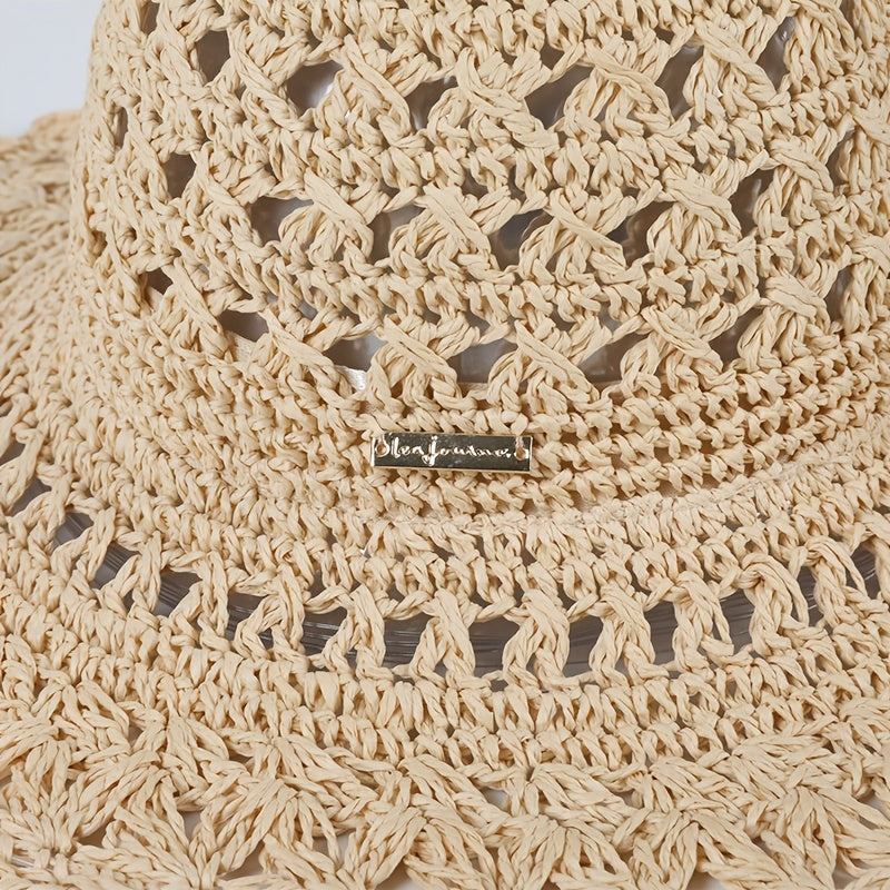 Boho Crochet Straw Visor Hat Metal Label Lightweight Sunscreen Cap