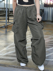  Solid Elastic Drawstring High Rise Cargo Pants
