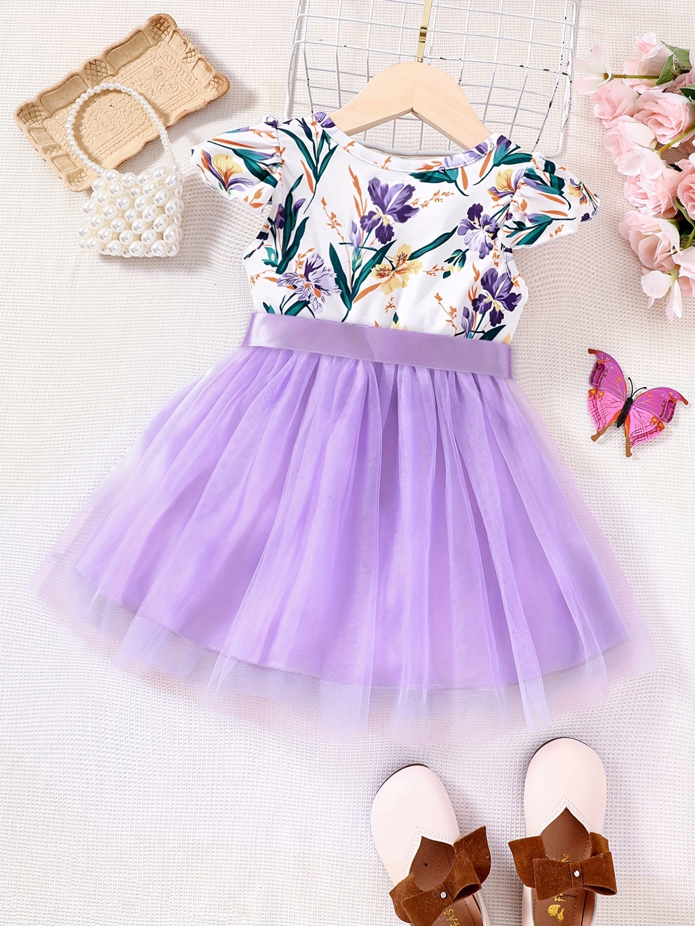 Girls Ruffled Sleeves Crew Neck Bow Floral Tulle Tutu Princess Dress