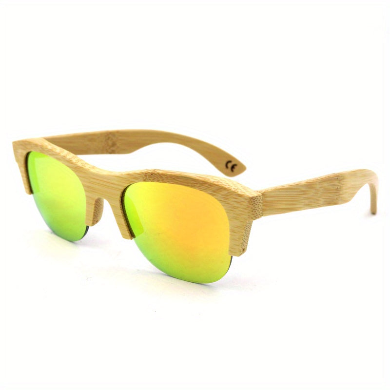 Retro Bamboo Temple Semi Rimless Sunglasses UV400 Sun Shades