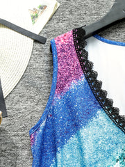 Women's Plus Colorblock Sequin Print Contrast Lace V Neck Tank Top