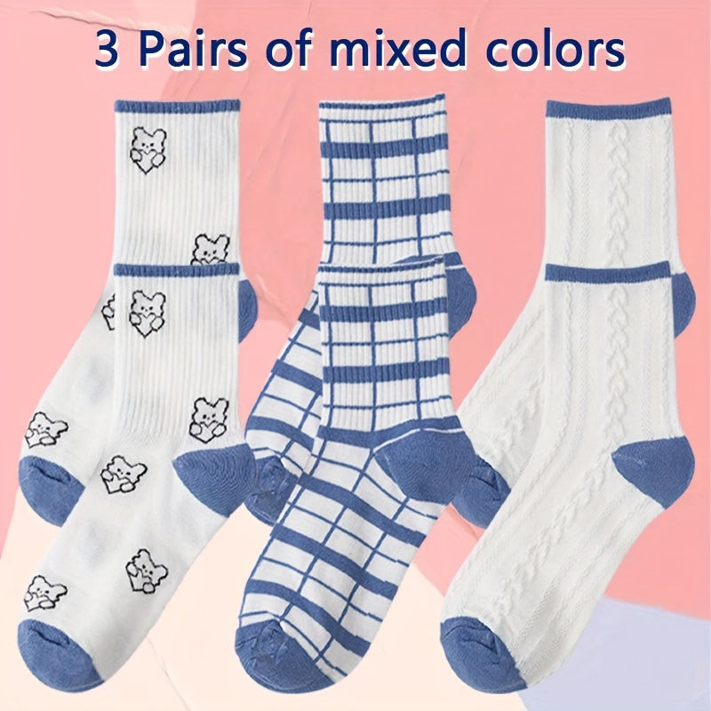 3 Pairs Bear & Plaid Print Socks Comfy & Mid Tube Socks Women's Stockings