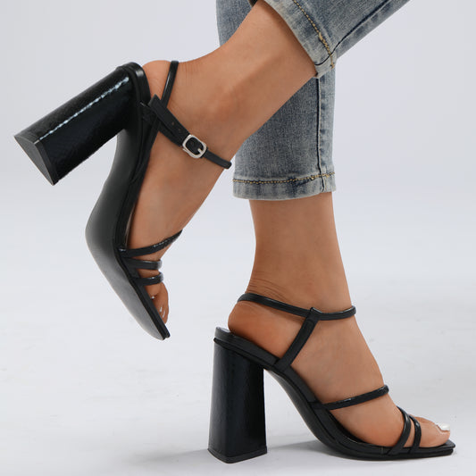 Women's Solid Block Heeled Sandals Square Toe Slingback Heels